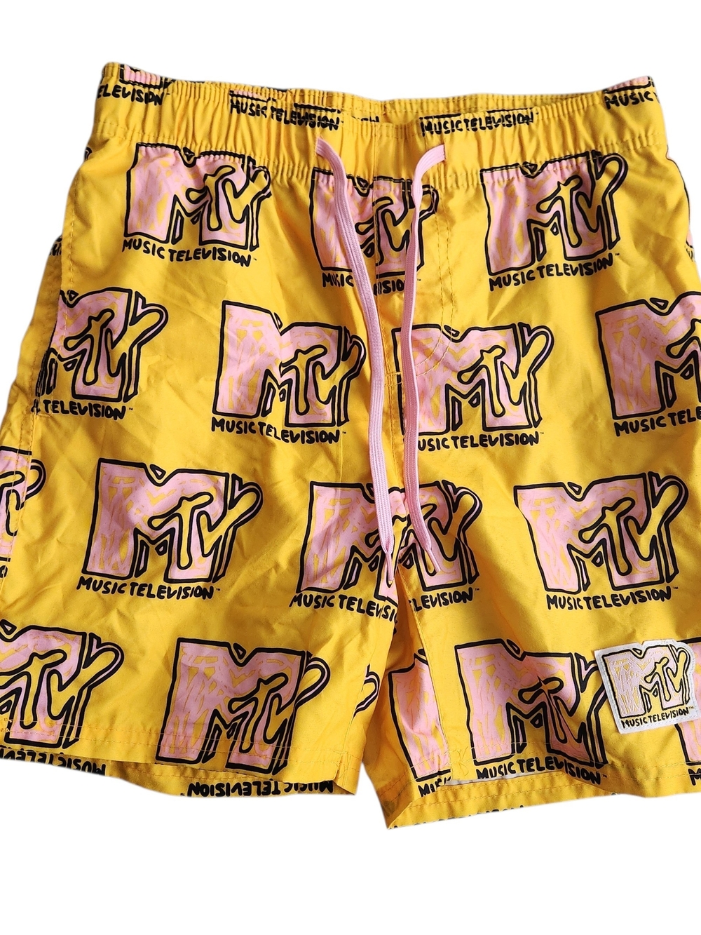 MTV Board Shorts Men's S Yellow Pockets Drawstring Music Beach Surfer Novelty
